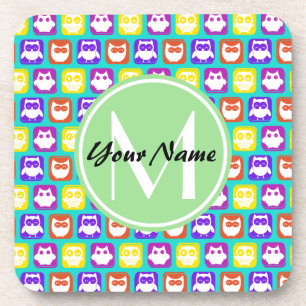 Colourful Neon Owl Custom Monogram, Personalised Coaster