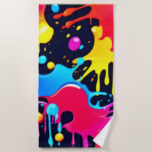Colourful Neon Paint Splatter Art Beach Towel