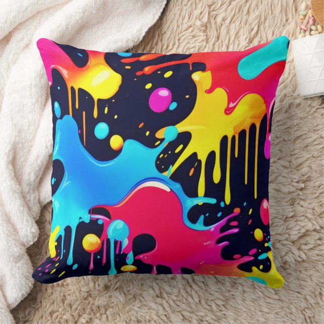 Colourful Neon Paint Splatter Art Cushion (Blanket)