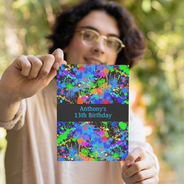 Colourful Neon Paint Splatter Paintball Birthday  Invitation (Creator Uploaded)