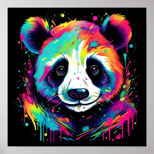 colourful neon panda bear digital art print, poster (Front)