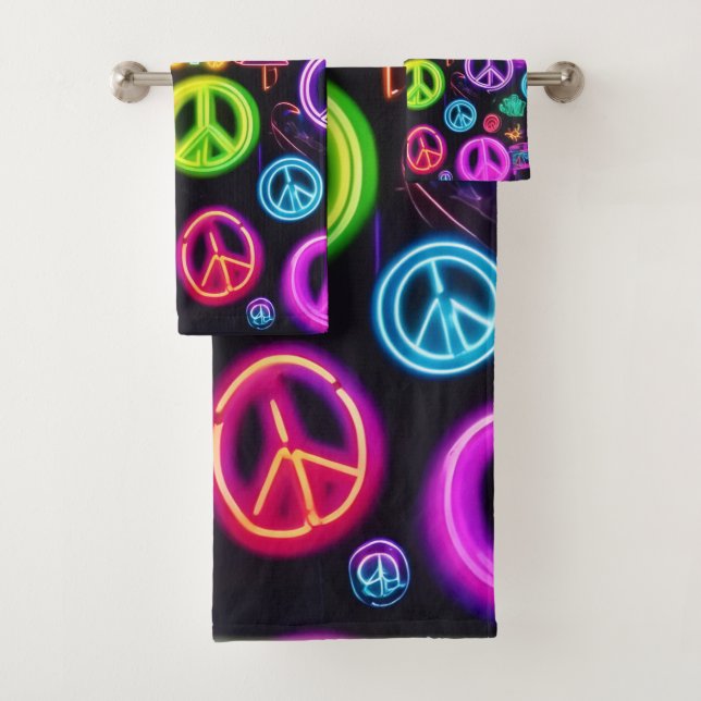 Colourful Neon Peace Pattern Bath Towel Set (Insitu)
