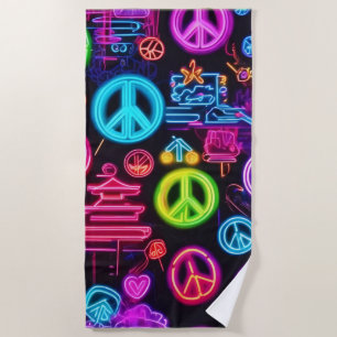 Colourful Neon Peace Pattern Beach Towel