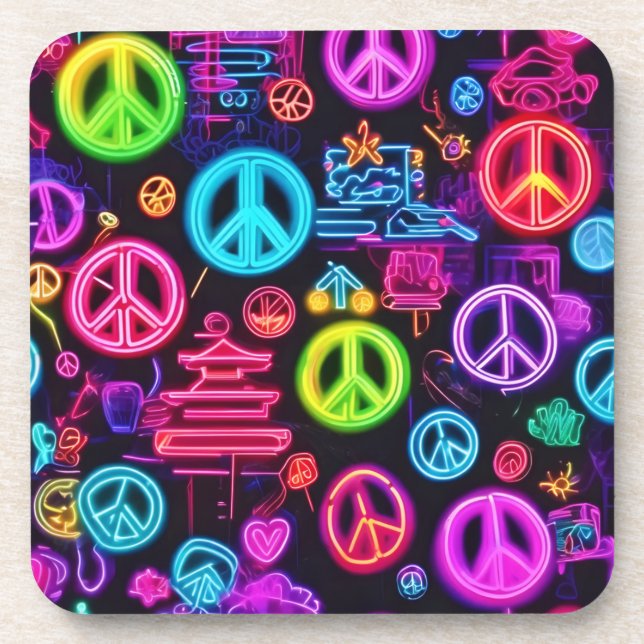Colourful Neon Peace Pattern Coaster (Front)
