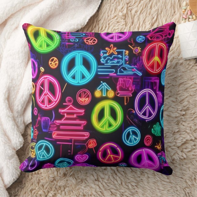 Colourful Neon Peace Pattern Cushion (Blanket)