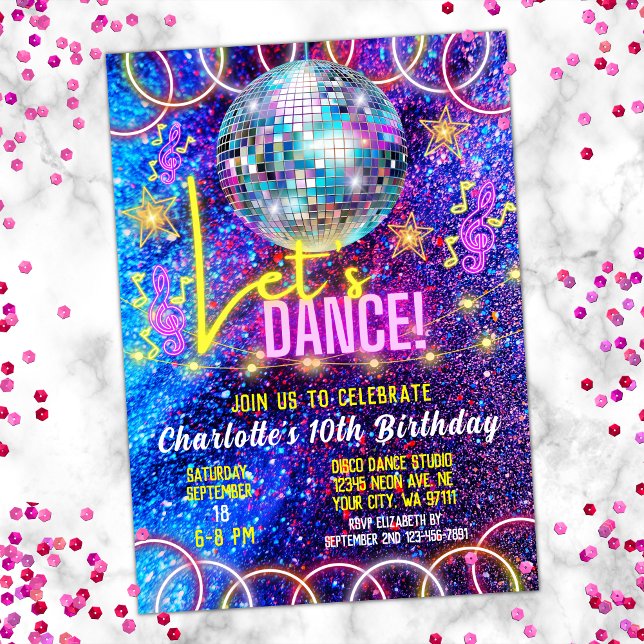 Colourful Neon Pink Glow Girl's Let's Dance Party Invitation (Creator Uploaded)