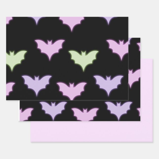 Colourful Neon Pink Purple Green Bats Halloween Wrapping Paper Sheet (Set)