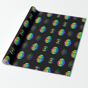 Colourful Neon Rainbow Easter Egg Pattern Black Wrapping Paper