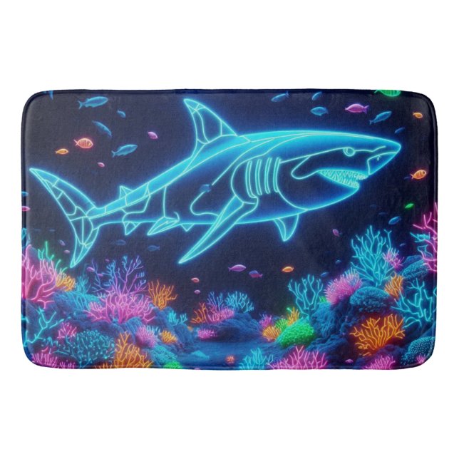 Colourful neon shark  bath mat (Front)