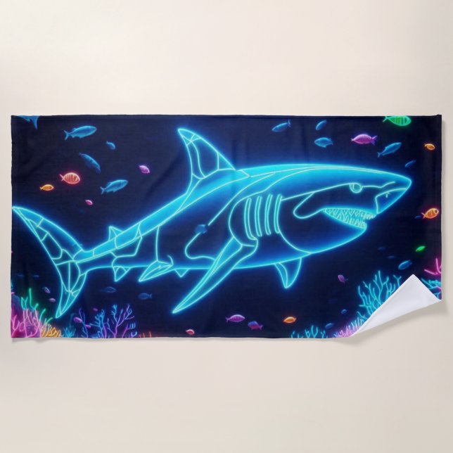 Colourful neon shark  beach towel (Front)