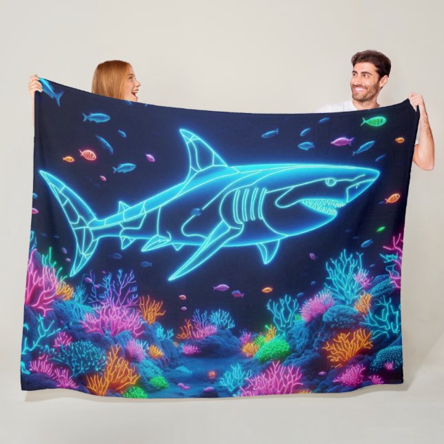 Colourful neon shark  fleece blanket (In Situ)