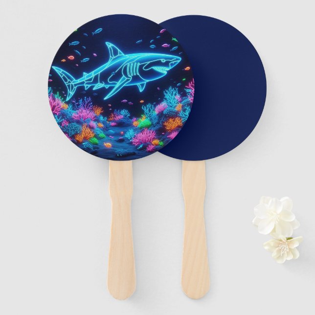 Colourful neon shark  hand fan (Front and Back)