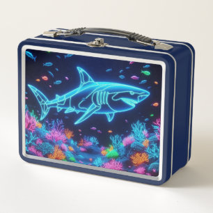 Colourful neon shark metal lunch box