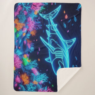 Colourful neon shark sherpa blanket