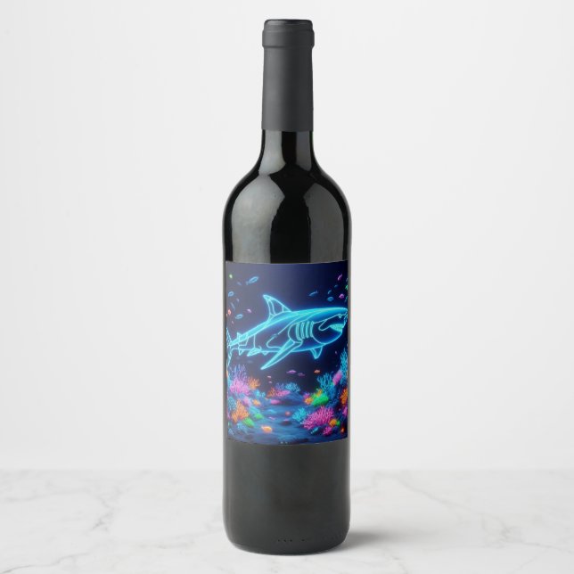 Colourful neon shark  wine label (Front)