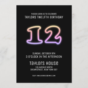 Colourful Neon Sign 12th Trendy Birthday Party Invitation