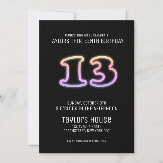 Colourful Neon Sign 13th Trendy Birthday Party Invitation (Front)