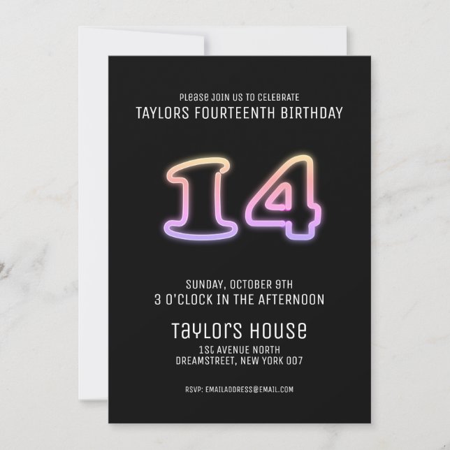 Colourful Neon Sign 14th Trendy Birthday Party Invitation (Front)