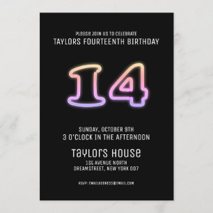 Colourful Neon Sign 14th Trendy Birthday Party Invitation