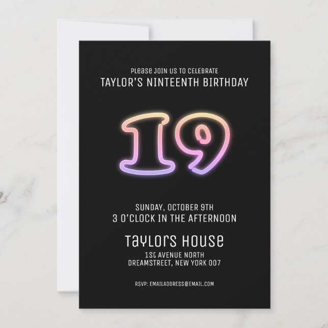 Colourful Neon Sign 19th Trendy Birthday Party Invitation (Front)