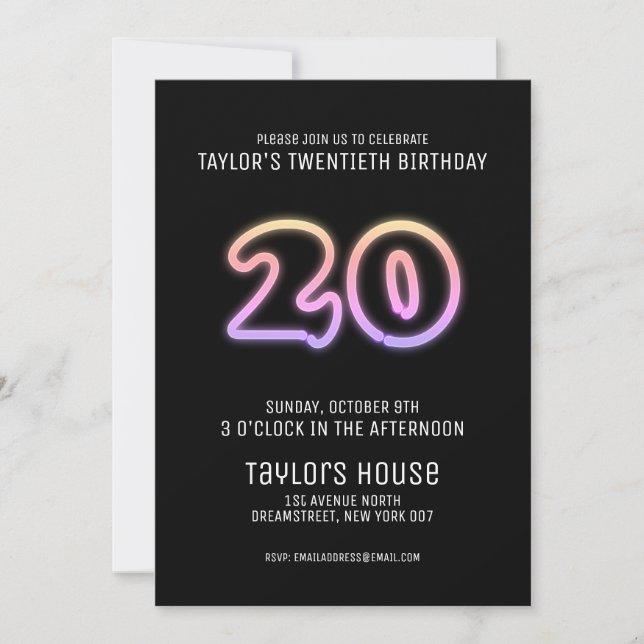 Colourful Neon Sign 20th Trendy Birthday Party Invitation (Front)