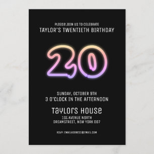 Colourful Neon Sign 20th Trendy Birthday Party Invitation