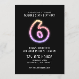Colourful Neon Sign 6TH Trendy Birthday Party Invitation