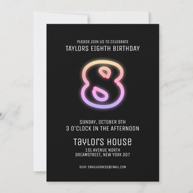 Colourful Neon Sign 8TH Trendy Birthday Party Invitation (Front)