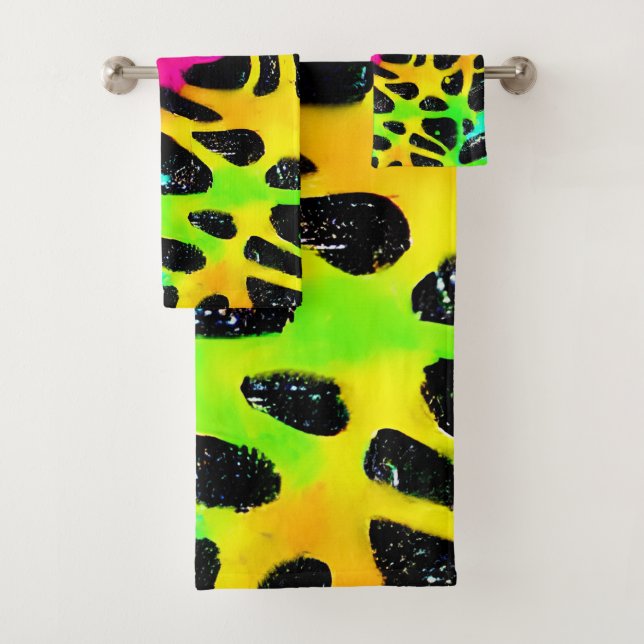 Colourful neon splatter paint design bath towel set (Insitu)