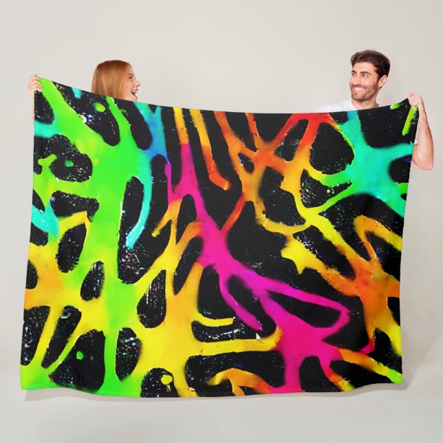 Colourful neon splatter paint design fleece blanket (In Situ)
