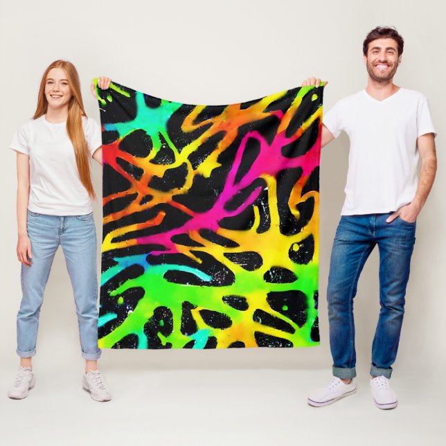 Colourful neon splatter paint design fleece blanket (In Situ)