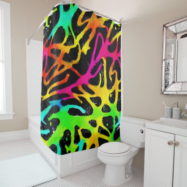 Colourful neon splatter paint design shower curtain (In Situ)