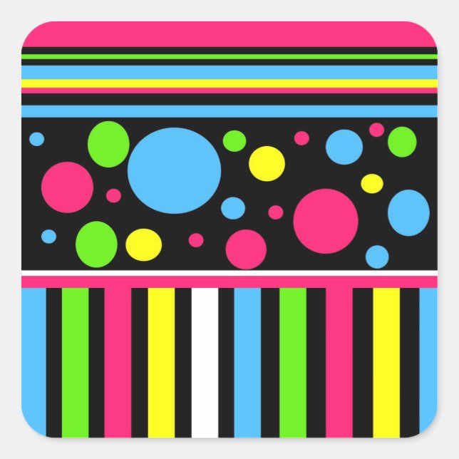 Colourful Neon Stripes Polka Dots Pink Blue Green Square Sticker (Front)