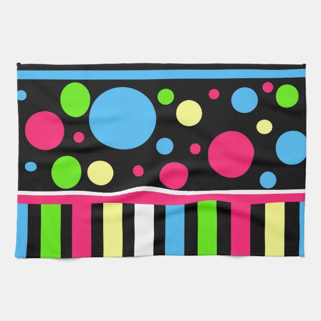 Colourful Neon Stripes Polka Dots Pink Blue Green Tea Towel (Horizontal)