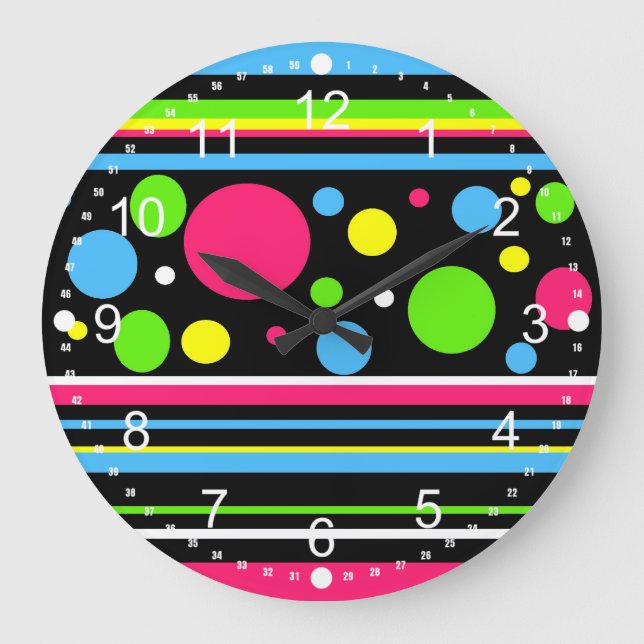 Colourful Neon Stripes Polka Dots Pink Teal Lime Large Clock (Front)