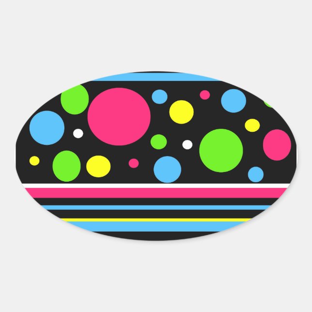 Colourful Neon Stripes Polka Dots Pink Teal Lime Oval Sticker (Front)