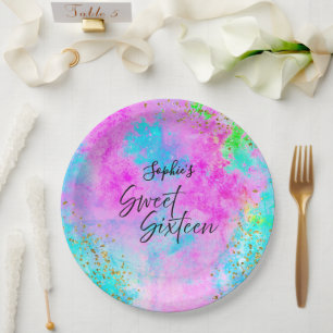 Colourful Neon Watercolor Sweet Sixteen Party Paper Plate