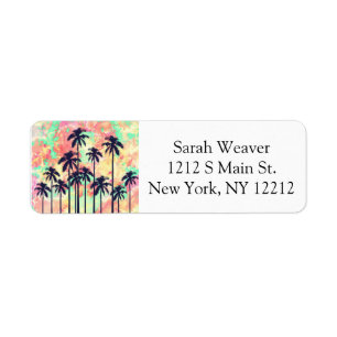 Colourful Neon Watercolor with Black Palm Trees Return Address Label