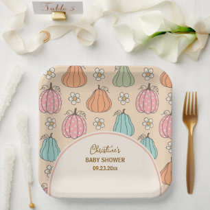 Colourful Neutral Beige Pumpkin Pattern Baby Showe Paper Plate