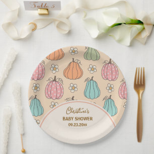 Colourful Neutral Beige Pumpkin Pattern Baby Showe Paper Plate