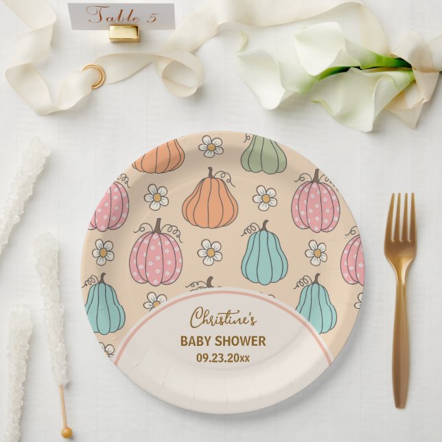 Colourful Neutral Beige Pumpkin Pattern Baby Showe Paper Plate (Wedding)