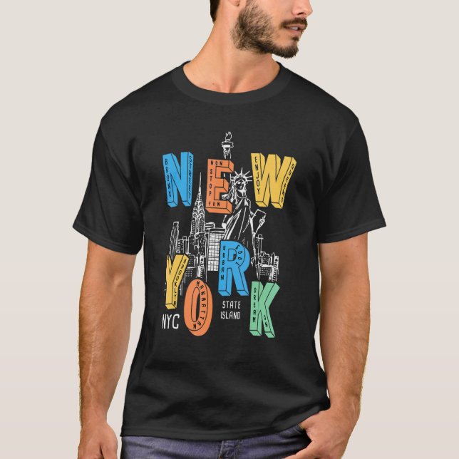 Colourful New York City Statue Of Liberty City Tou T-Shirt (Front)