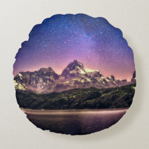 Colourful night sky landscape with starry starry s round cushion