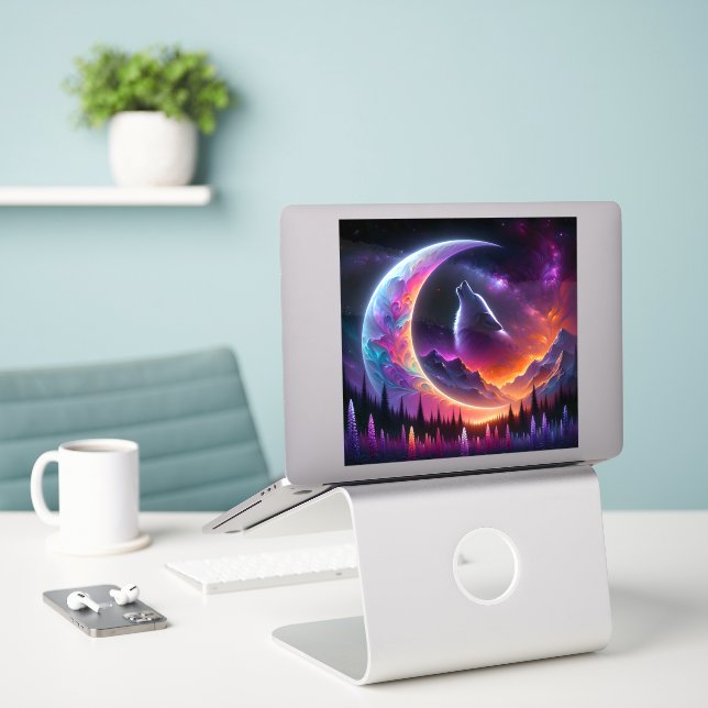 Colourful night sky Wolf howl crescent moon (Laptop On Desk)