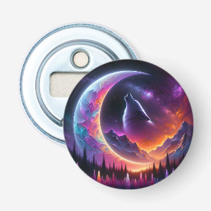 Colourful night sky Wolf howl crescent moon Bottle Opener