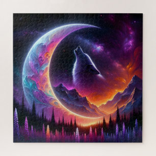 Colourful night sky Wolf howl crescent moon Jigsaw Puzzle