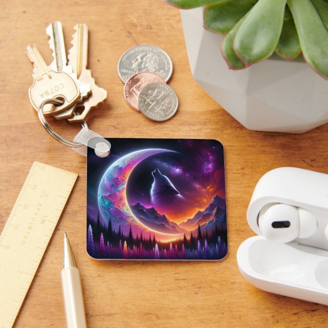 Colourful night sky Wolf howl crescent moon Key Ring (Desk)