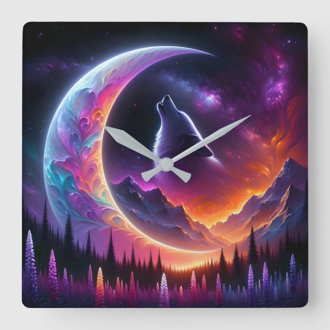 Colourful night sky Wolf howl crescent moon Square Wall Clock (Front)