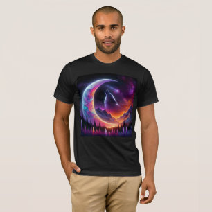Colourful night sky Wolf howl crescent moon T-Shirt