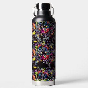 Colourful Northern Bird on black Water Bottle